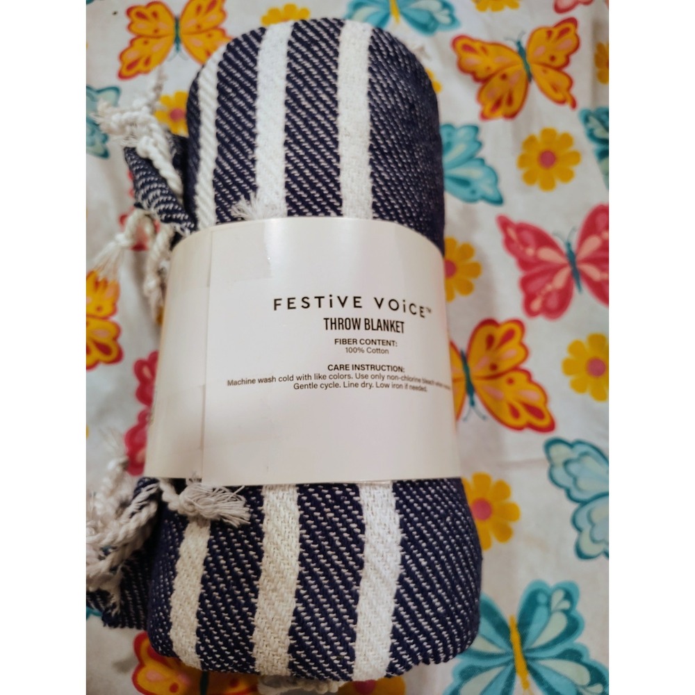 Festive Voice Throw Blanket 50 in x 60 in Blue White Striped Cotton Rectangular
